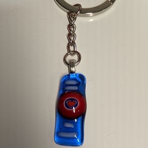 Artisan Handmade fused glass red heart on blue glass bag charm keychain